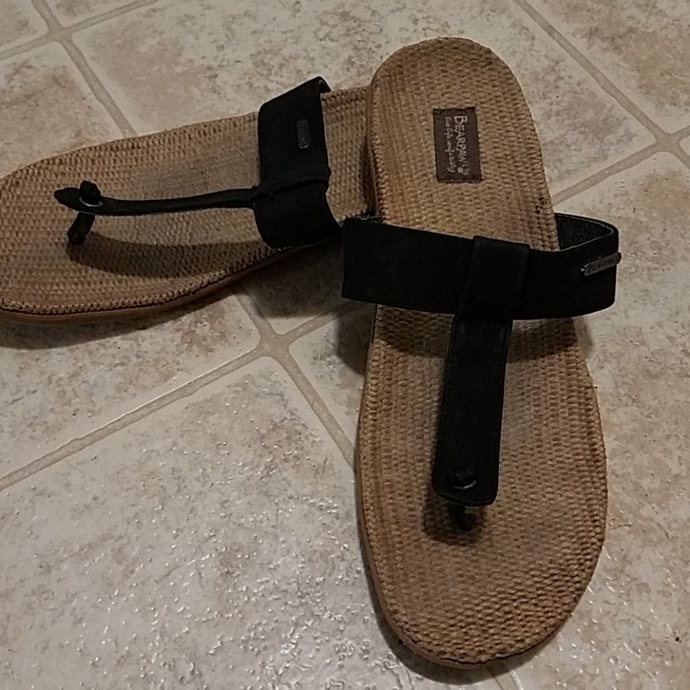 Bearpaw Laurel Black T strap Jute Sole Sandals Size 12